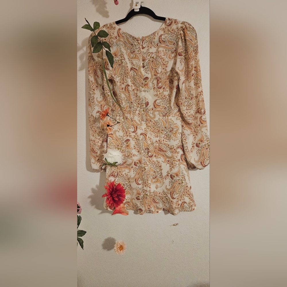 Long sleeve mini dress with plunging neck line and sheer sleeves